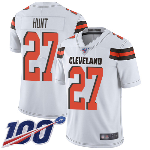 Cleveland Browns Kareem Hunt Men White Limited Jersey 27 NFL Football Road 100th Season Vapor Untouchable